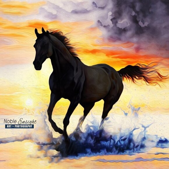 NobleCaptures Other - 8x10 Horse Galloping On‎ The Beach Sunset Watercolor Oil Painting Print
